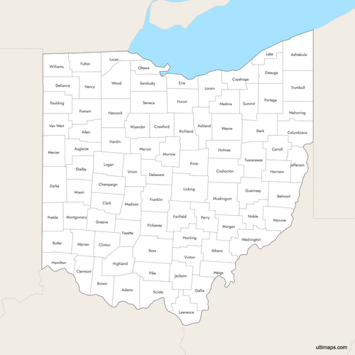 Preview of Labeled Map of Ohio Counties with Surrounding Areas