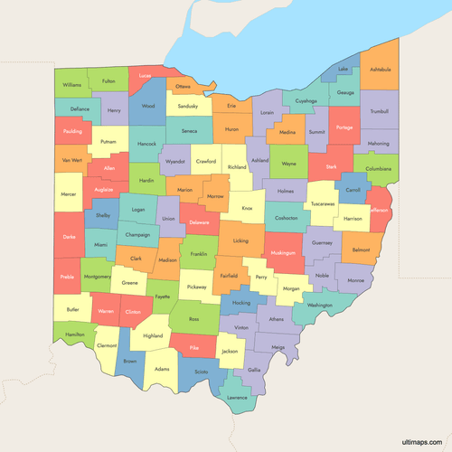 Preview of Map of Ohio Counties with Surrounding Areas (Colored)