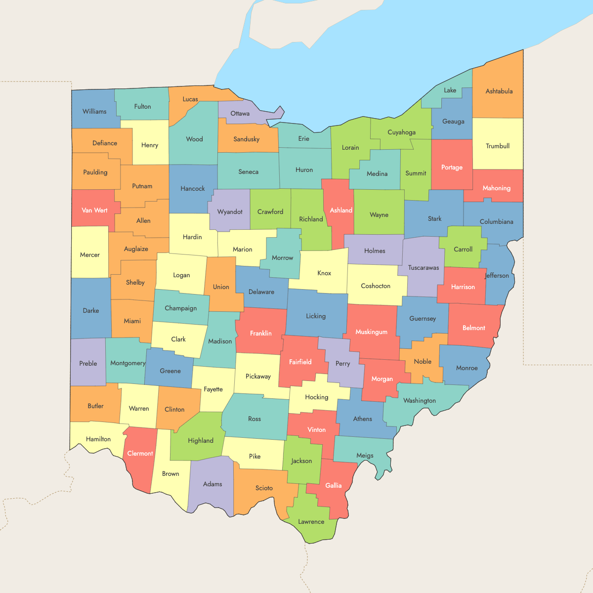 Map of Ohio Counties with surrounding areas