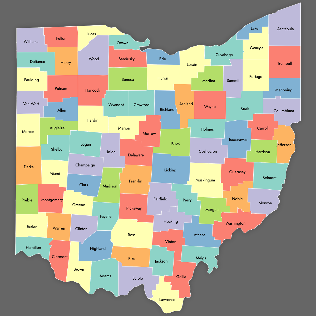 Custom Map of Ohio Counties with Labels (Dark Theme)