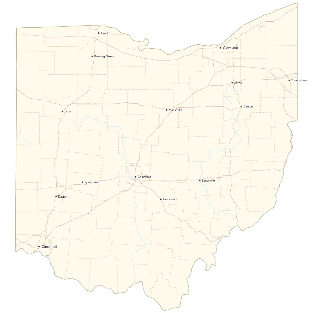 Custom Map of Ohio Counties with Cities