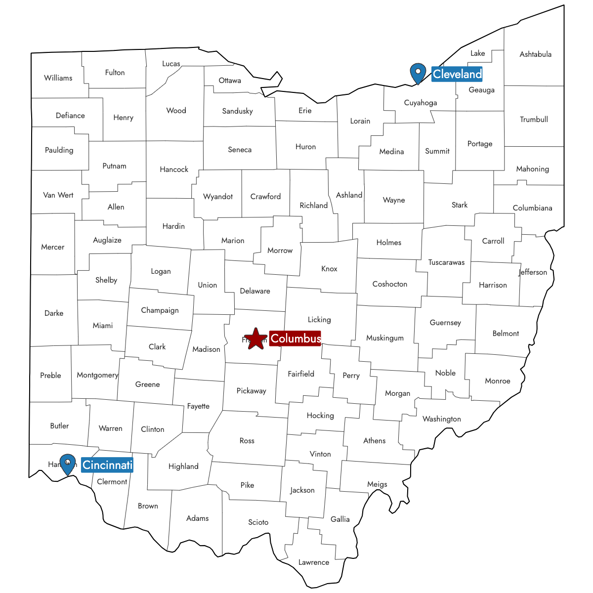 Map of Ohio Counties with Pins