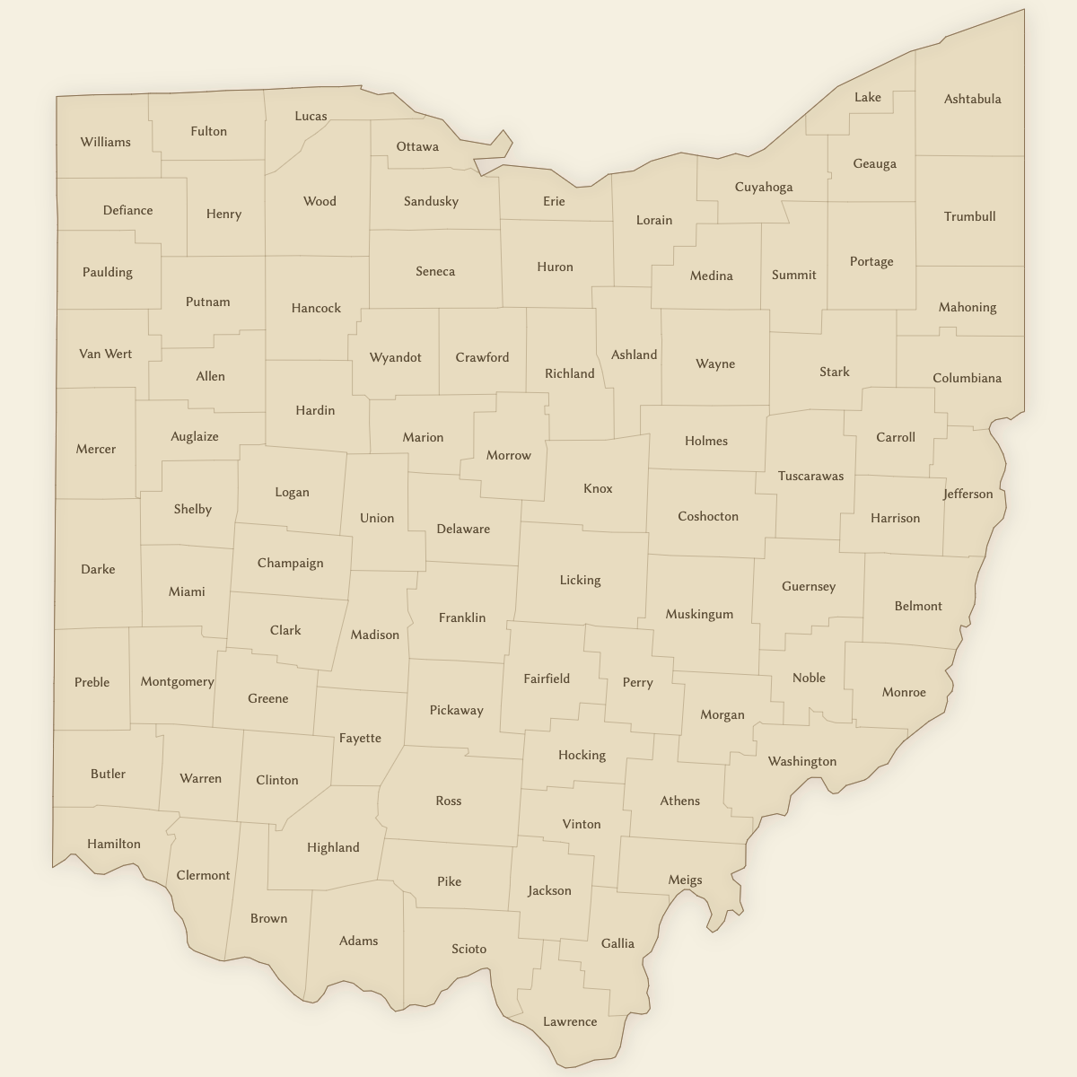 Styled Map of Ohio Counties (Vintage Theme)