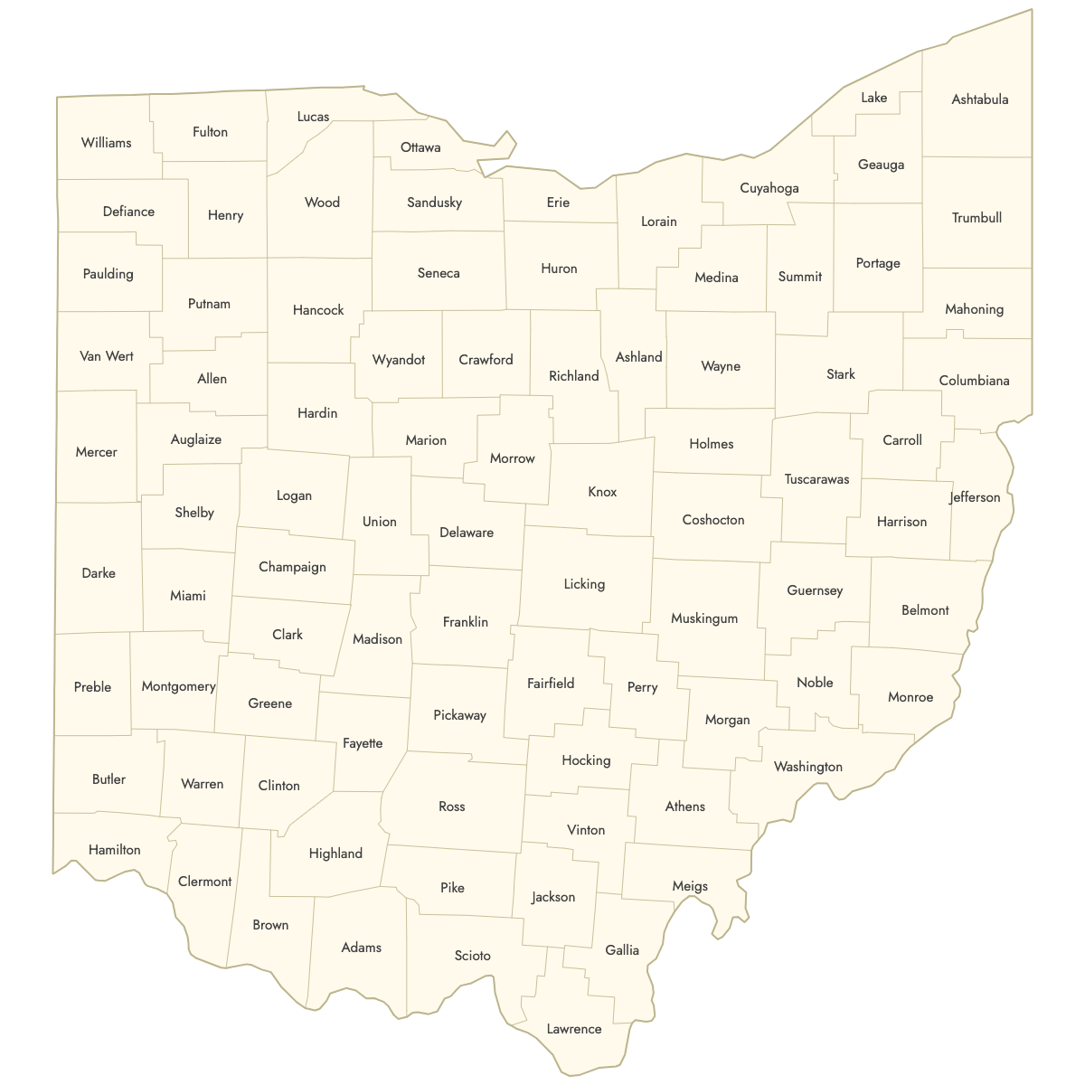 Unstyled Map of Ohio Counties With Labels