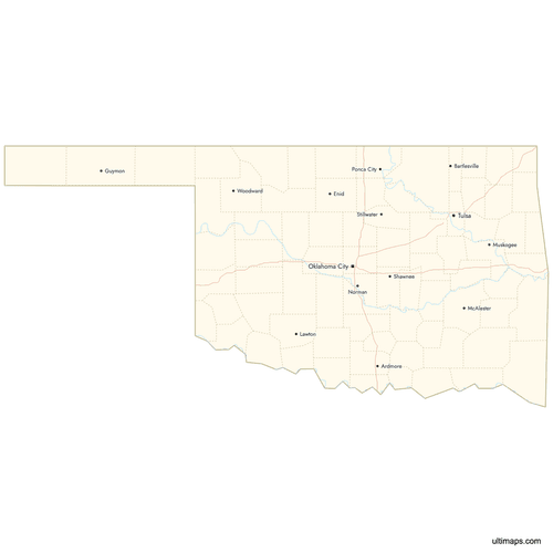 Preview of Map of Oklahoma Counties with Cities
