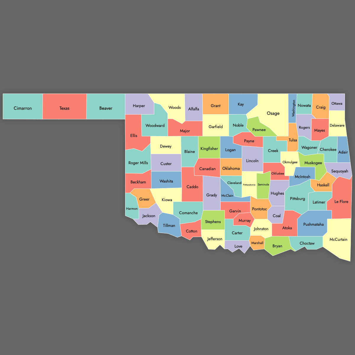 Custom Map of Oklahoma Counties with Labels (Dark Theme)