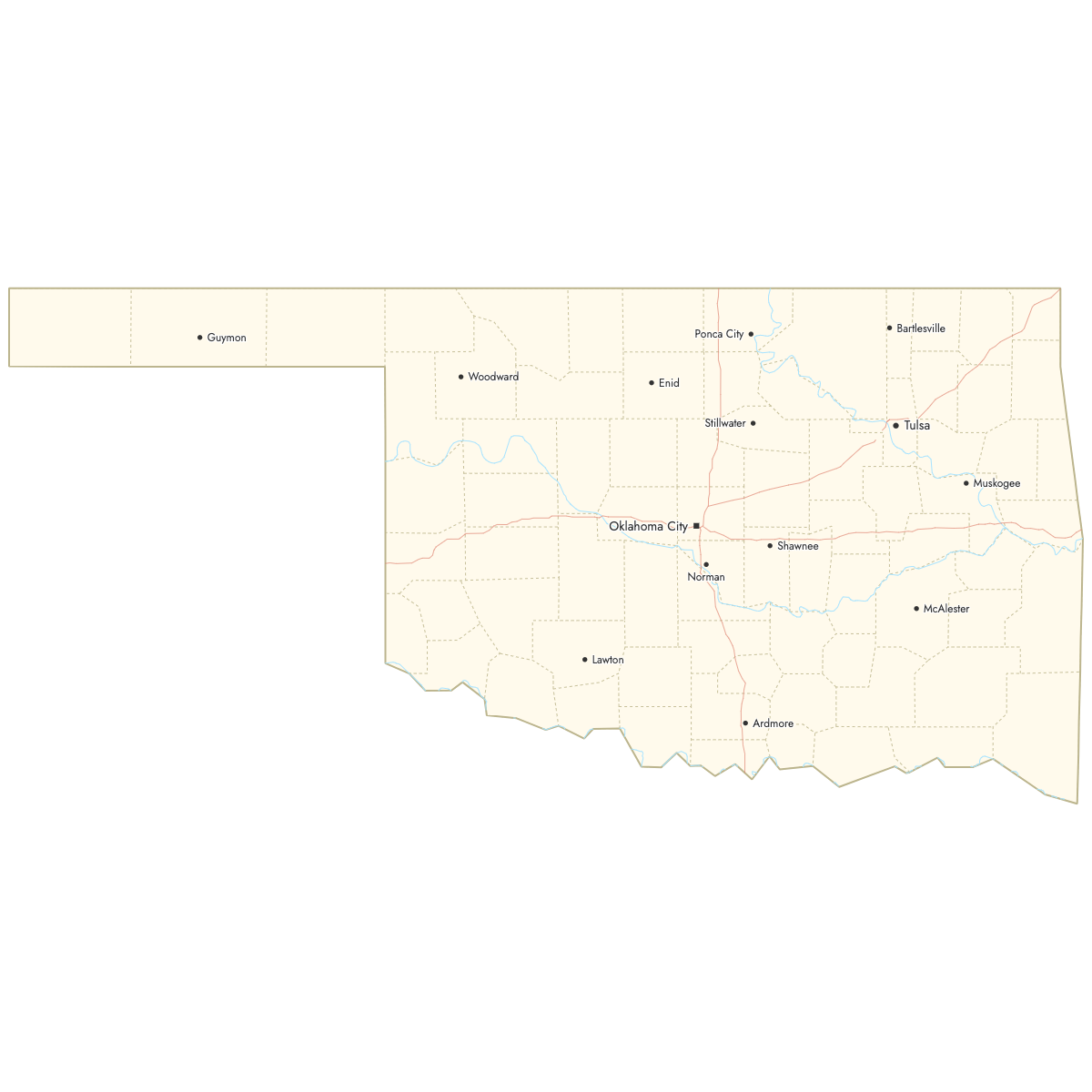 Custom Map of Oklahoma Counties with Cities