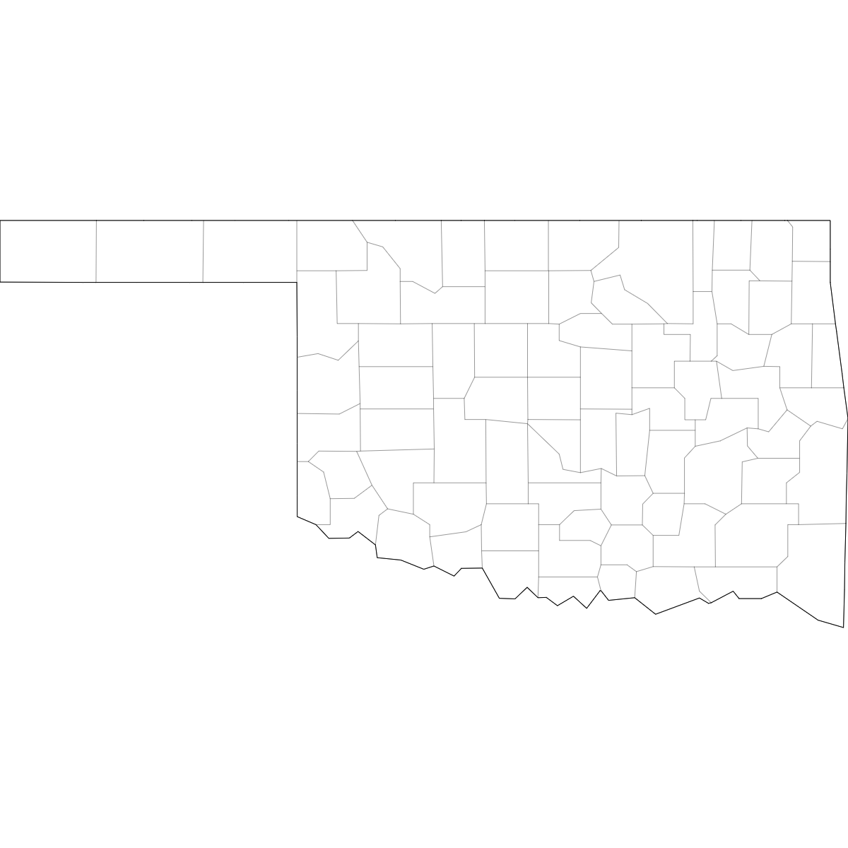 Blank outline map of Oklahoma showing county borders