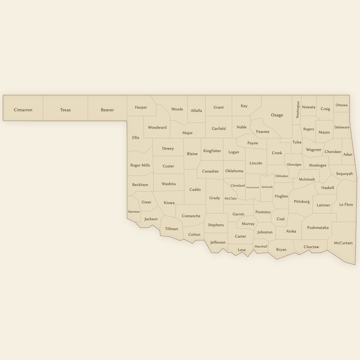 Styled Map of Oklahoma Counties (Vintage Theme)
