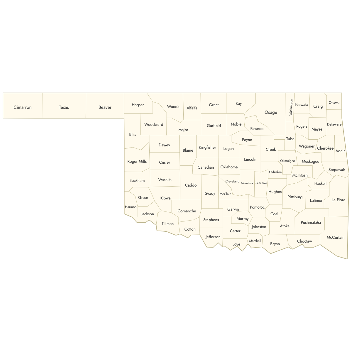 Unstyled Map of Oklahoma Counties With Labels