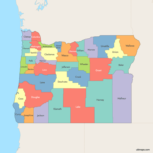 Preview of Colored Map of Oregon Counties with Surrounding Areas