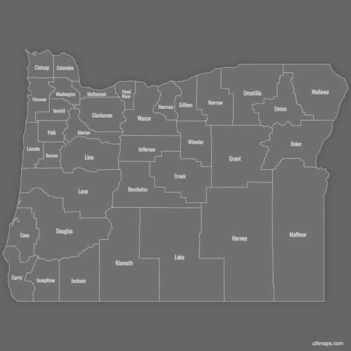 Preview of Labeled Map of Oregon Counties (Dark)