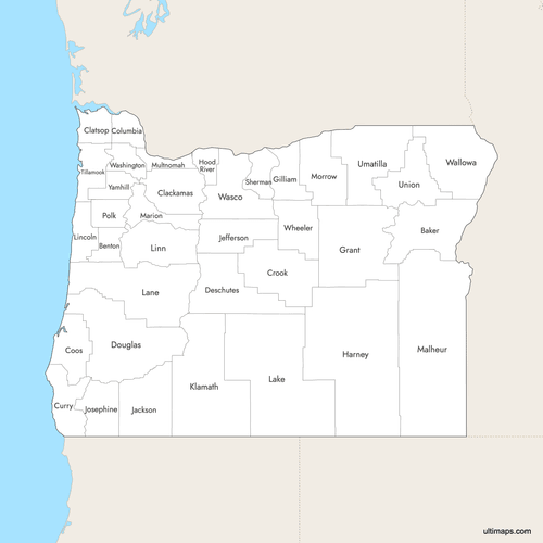 Preview of Labeled Map of Oregon Counties with Surrounding Areas