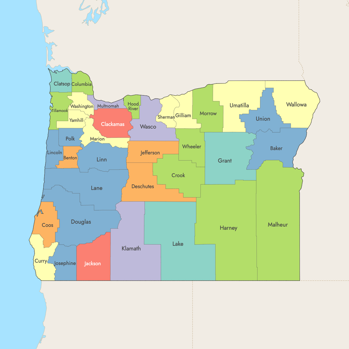 Map of Oregon Counties with surrounding areas
