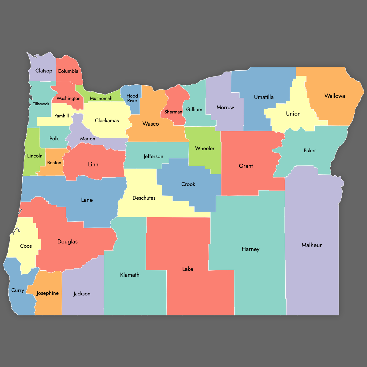 Custom Map of Oregon Counties with Labels (Dark Theme)