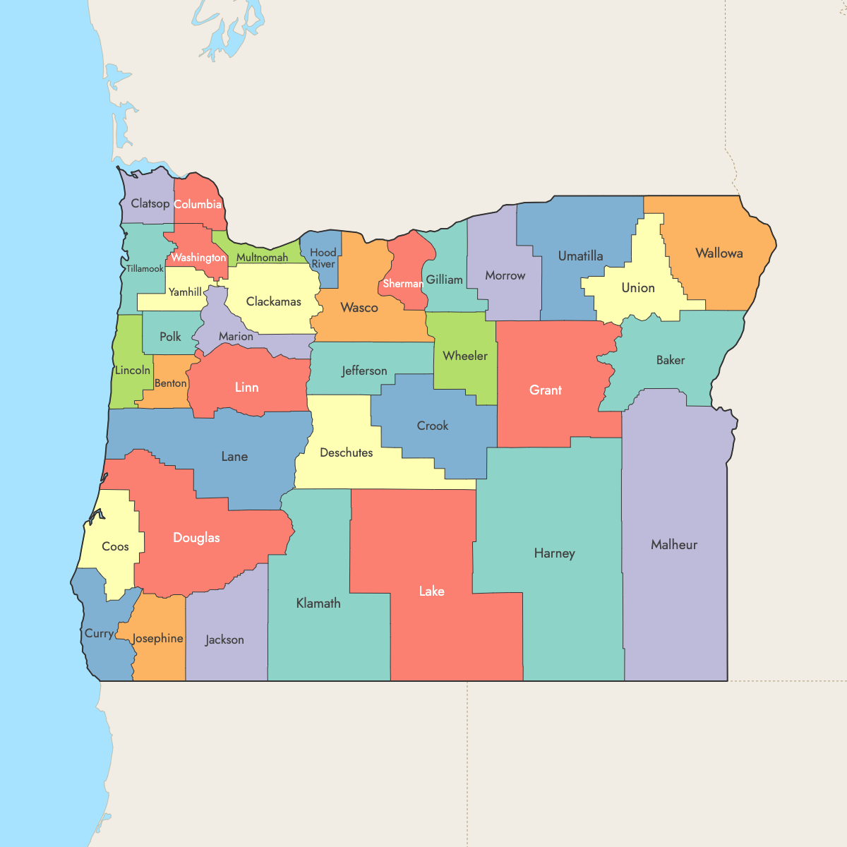 Custom Map of Oregon Counties with Surrounding Areas