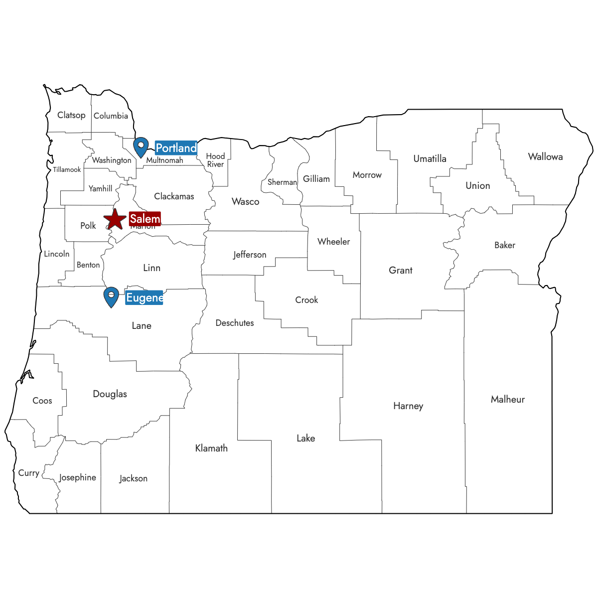 Map of Oregon Counties with Pins