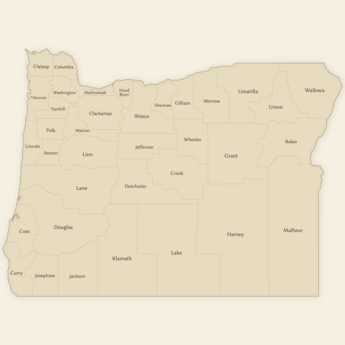 Styled Map of Oregon Counties (Vintage Theme)