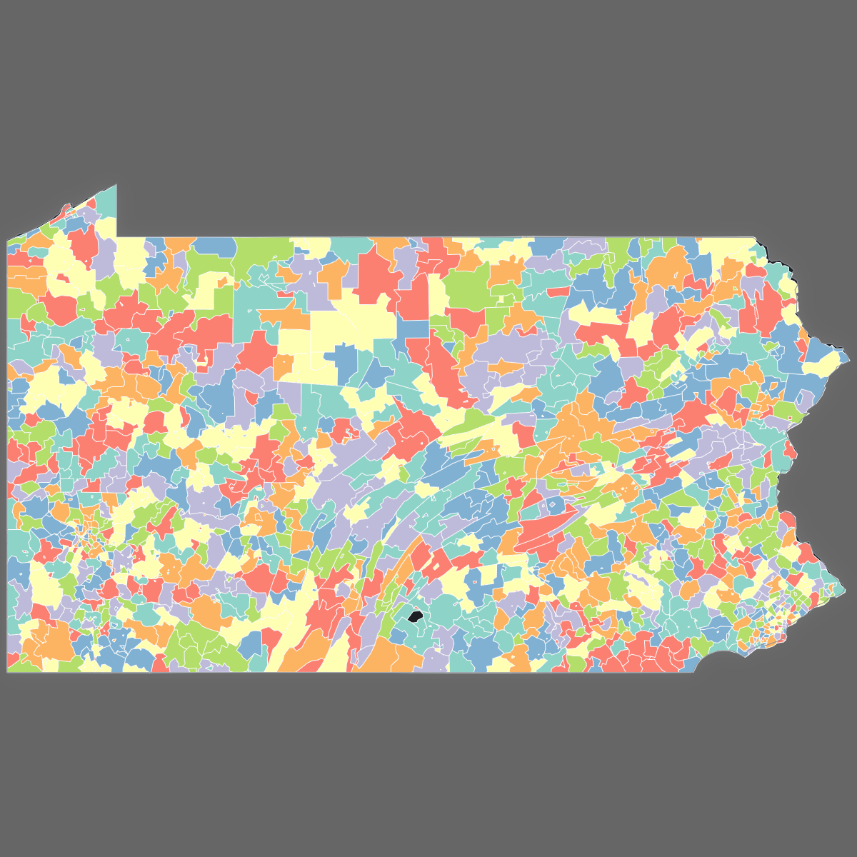 Dark themed map of Pennsylvania with ZIP Codes