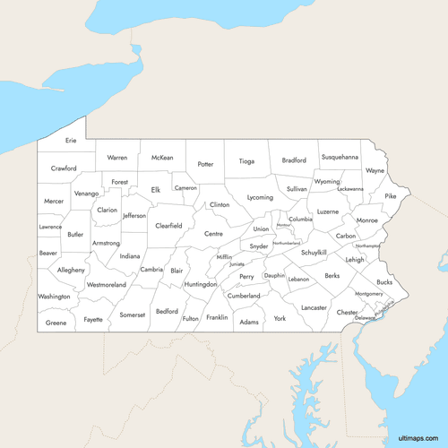 Preview of Labeled Map of Pennsylvania Counties with Surrounding Areas