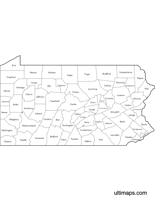 Preview of Labeled Map of Pennsylvania Counties (Letter)