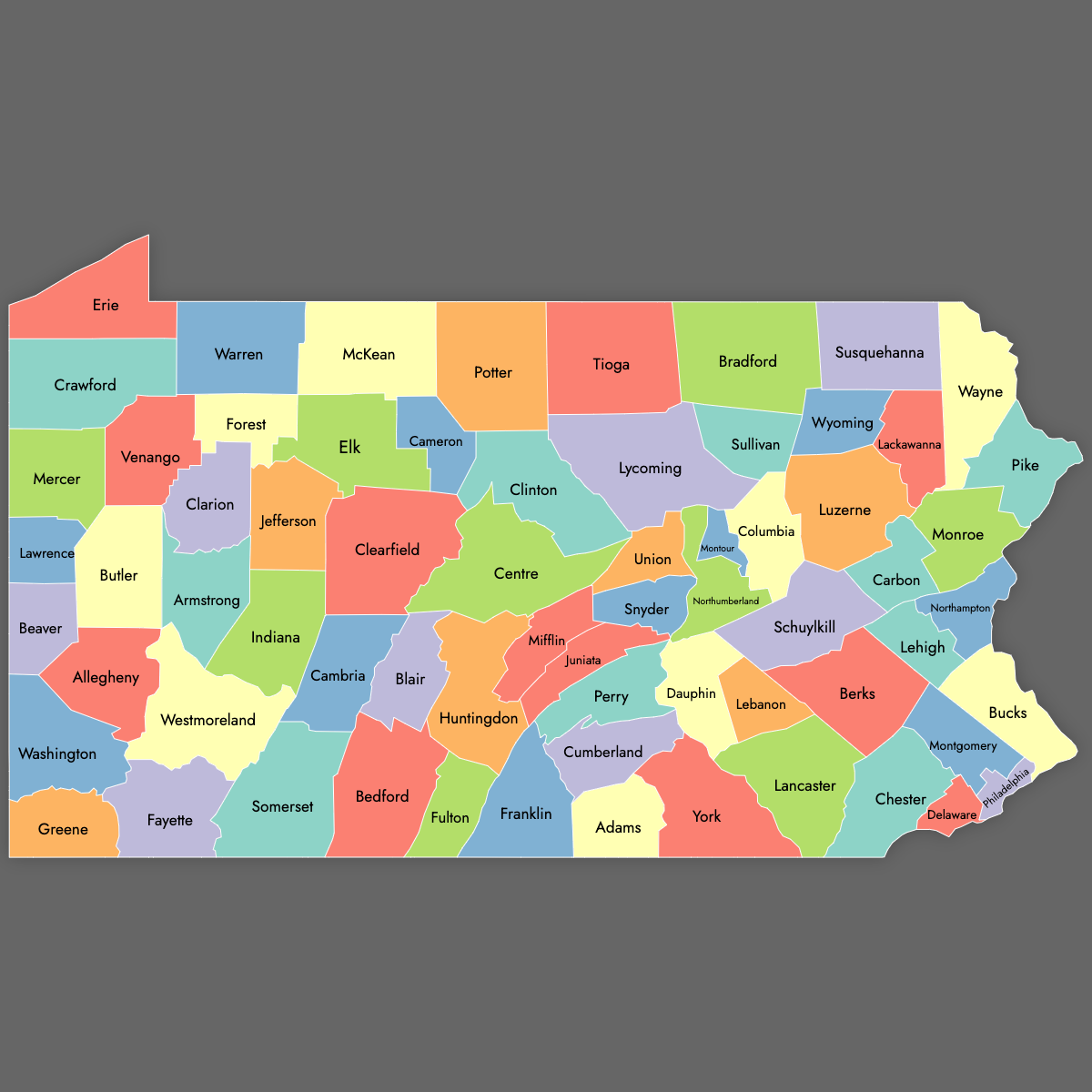 Custom Map of Pennsylvania Counties with Labels (Dark Theme)