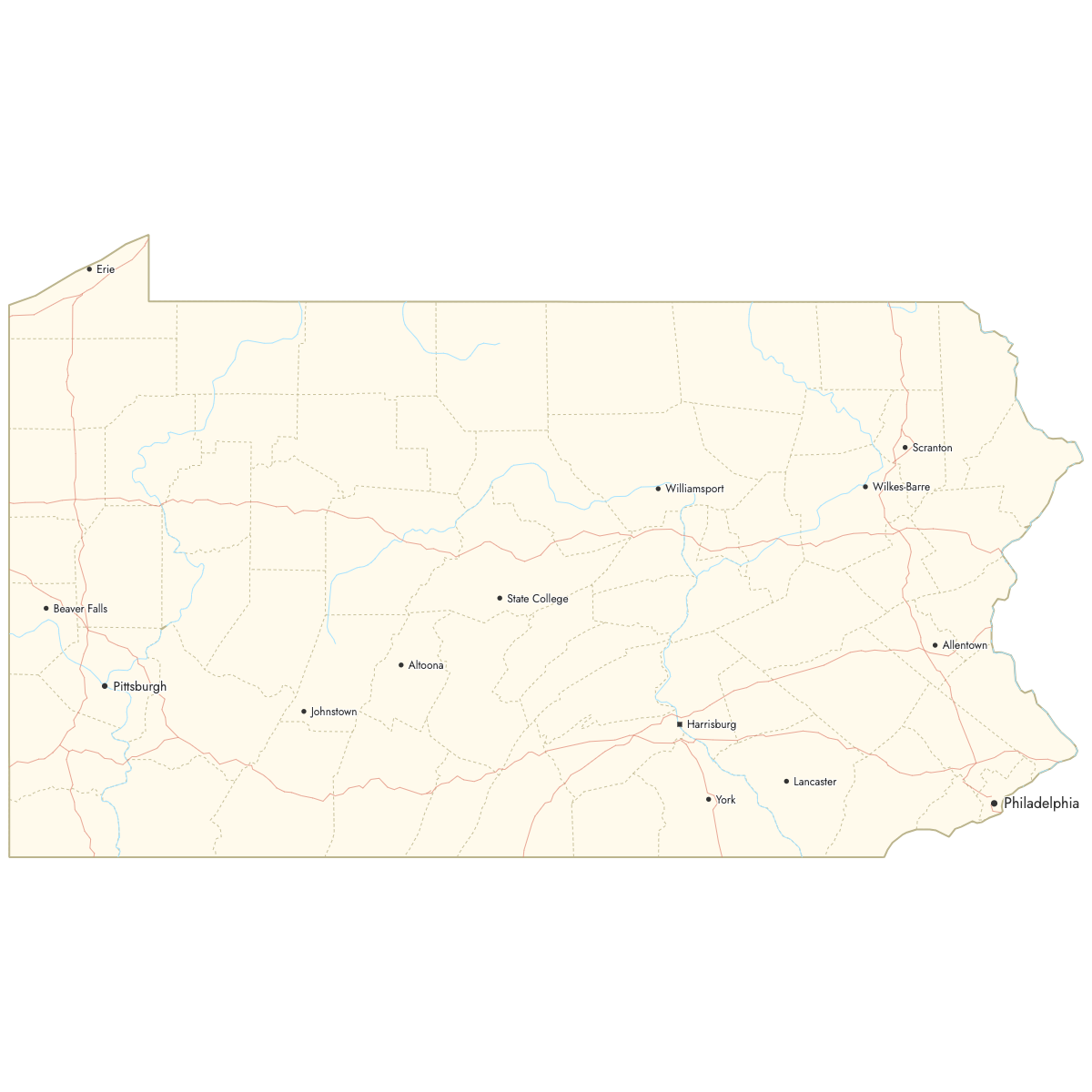 Custom Map of Pennsylvania Counties with Cities