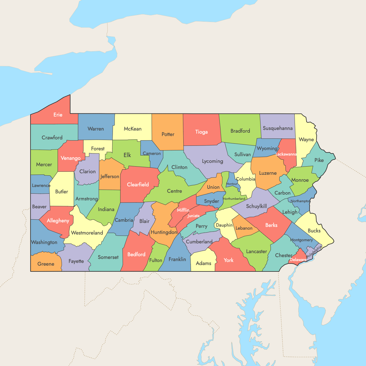 Custom Map of Pennsylvania Counties with Surrounding Areas