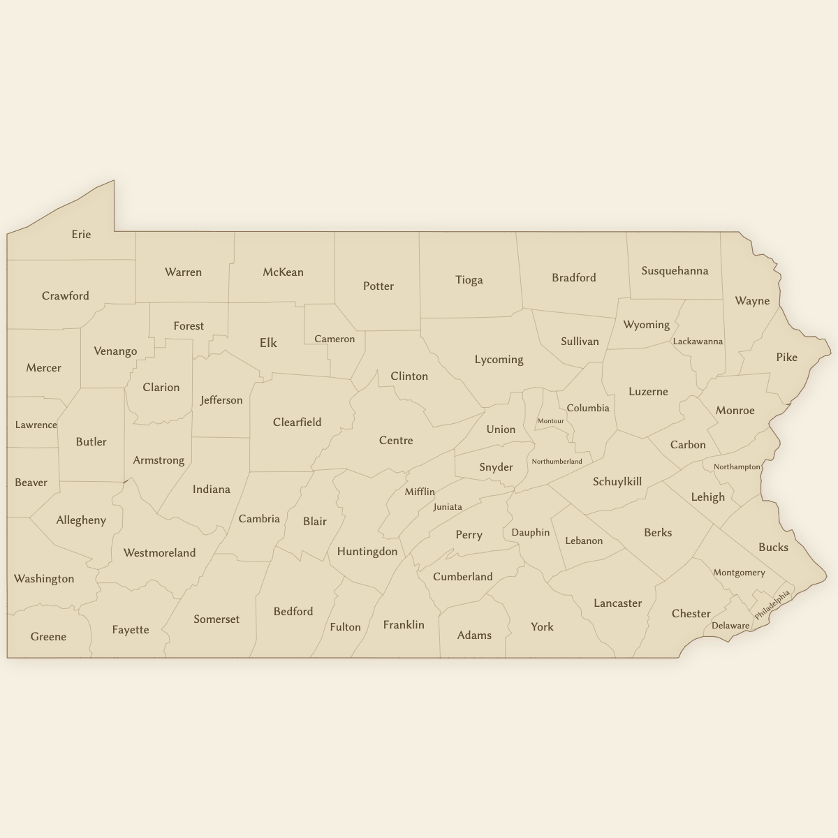 Styled Map of Pennsylvania Counties (Vintage Theme)