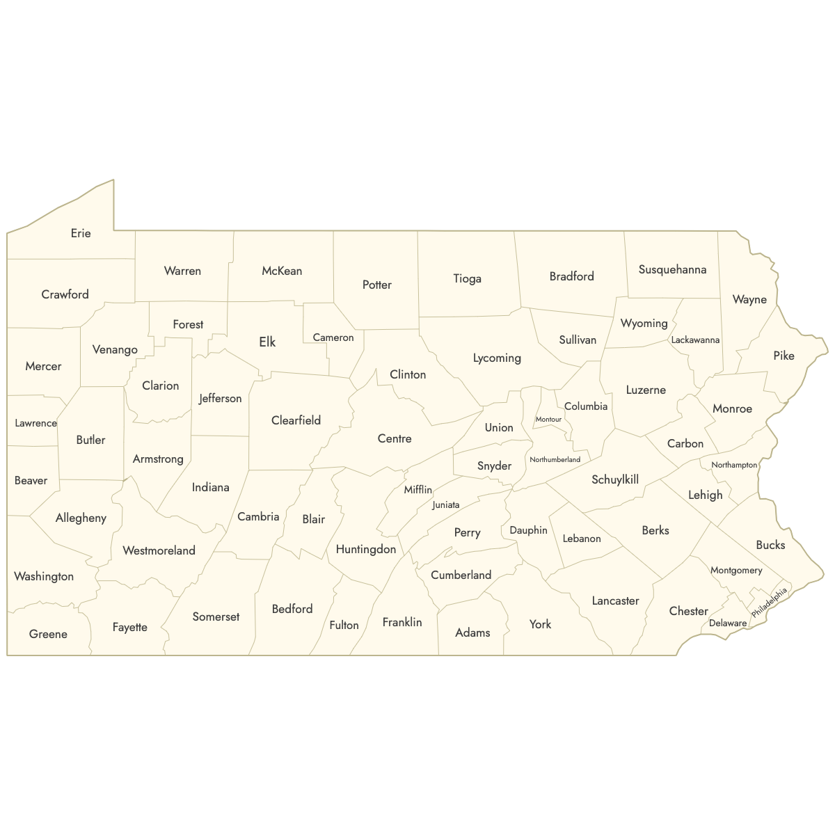 Unstyled Map of Pennsylvania Counties With Labels