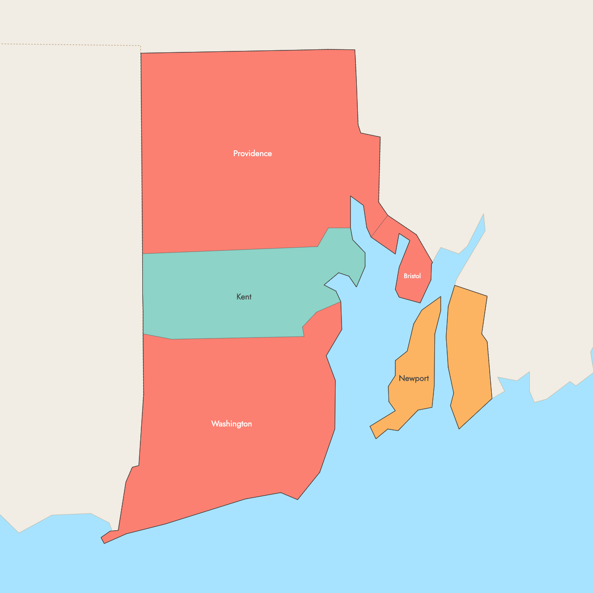 Map of Rhode Island Counties with surrounding areas