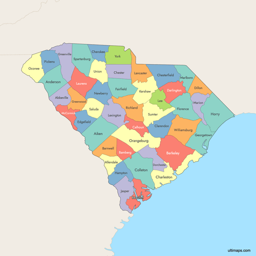 Preview of Colored Map of South Carolina Counties with Surrounding Areas