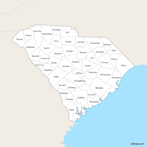 Preview of Labeled Map of South Carolina Counties with Surrounding Areas