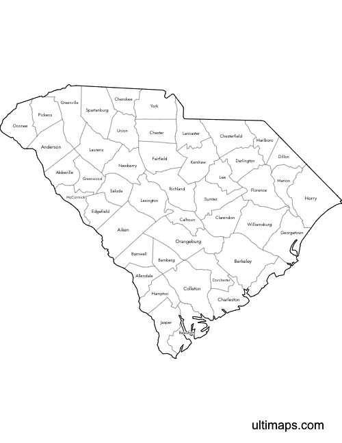 Preview of Labeled Map of South Carolina Counties (Letter)