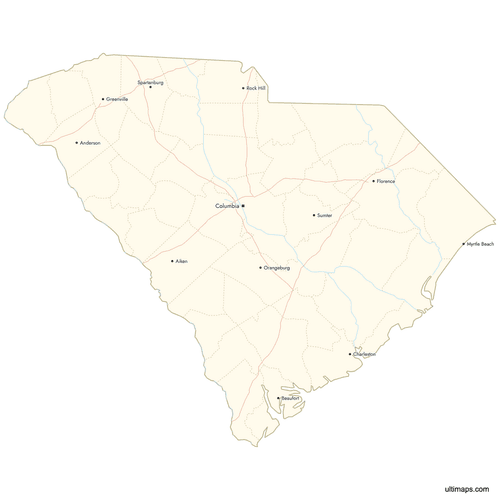 Preview of Map of South Carolina Counties with Cities