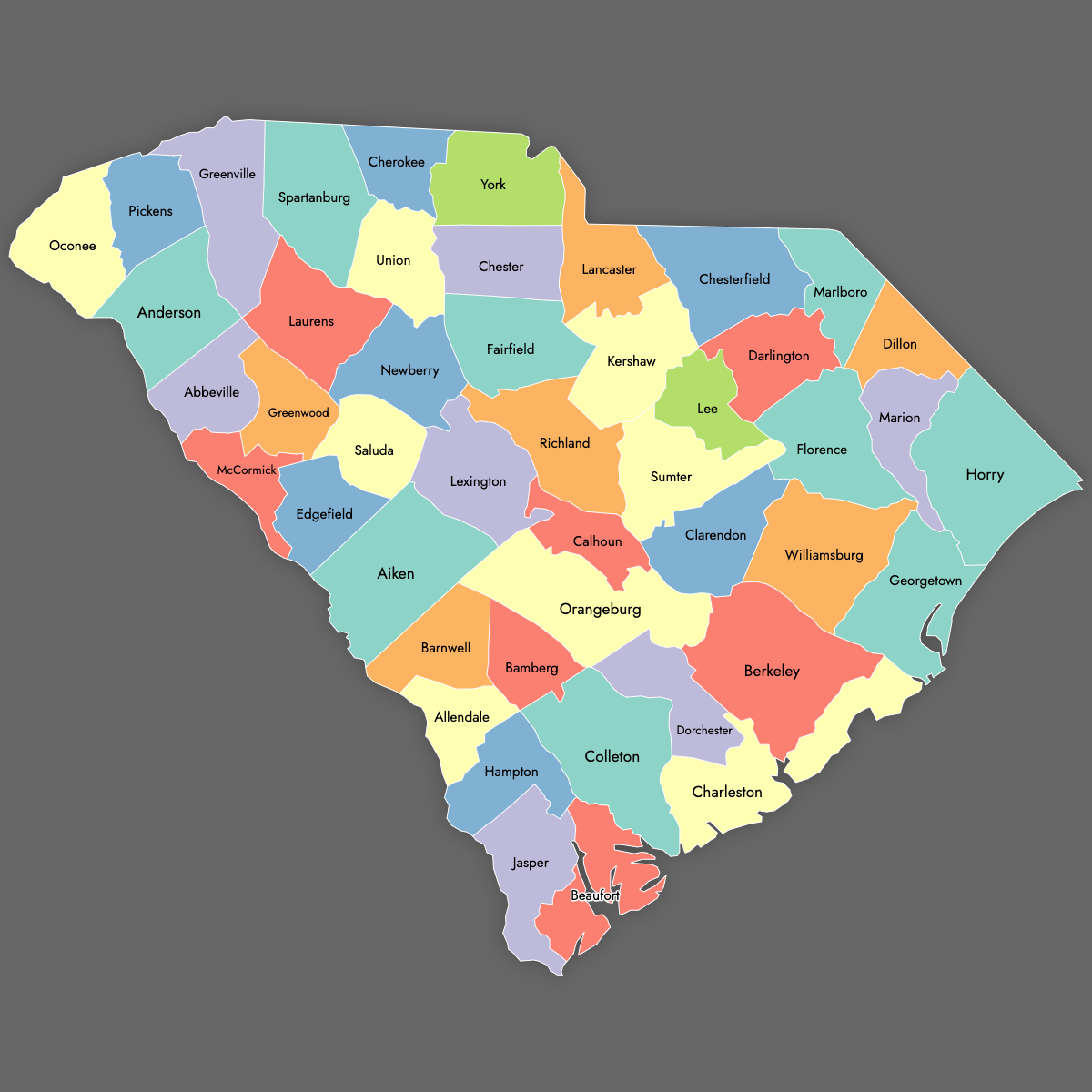 Custom Map of South Carolina Counties with Labels (Dark Theme)