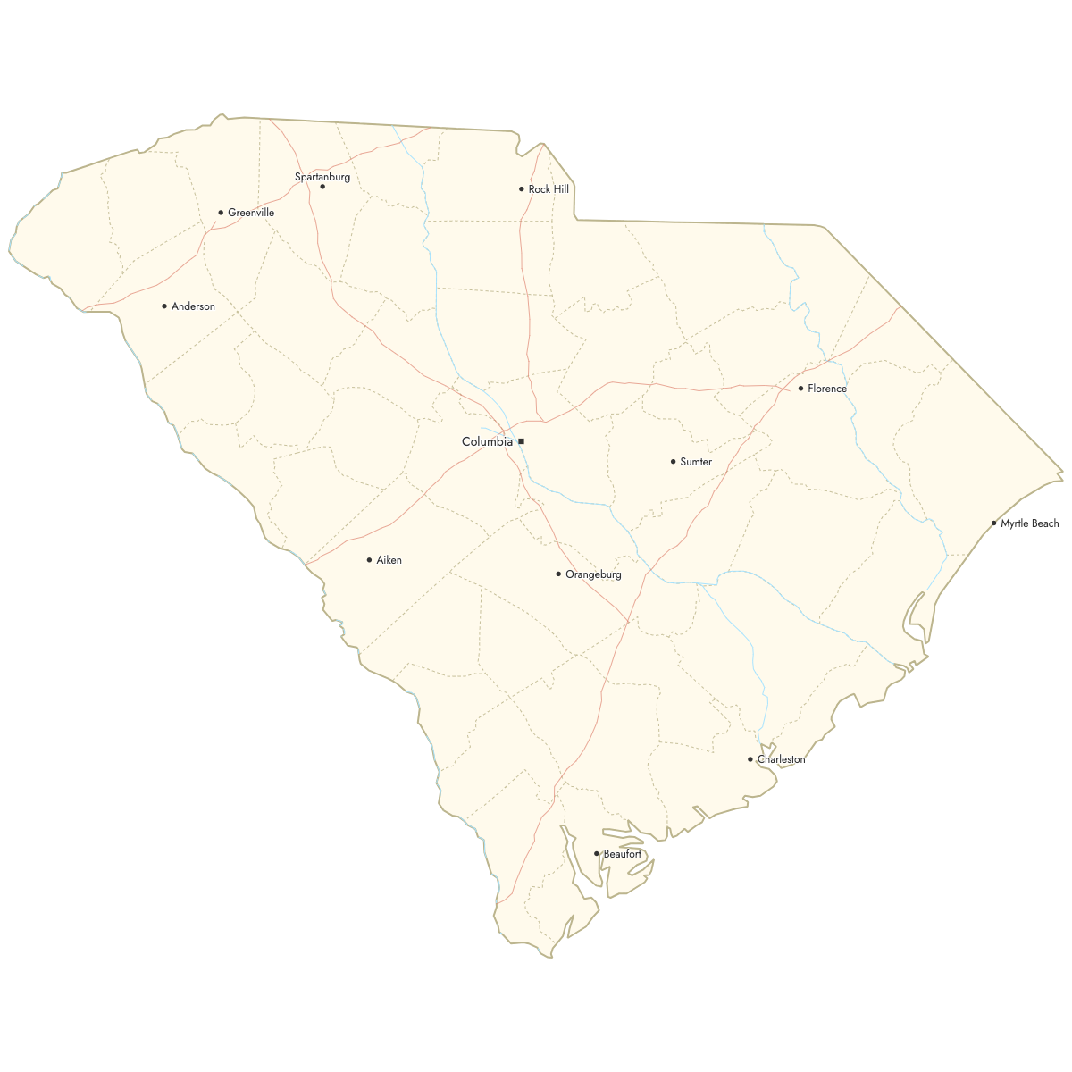 Custom Map of South Carolina Counties with Cities