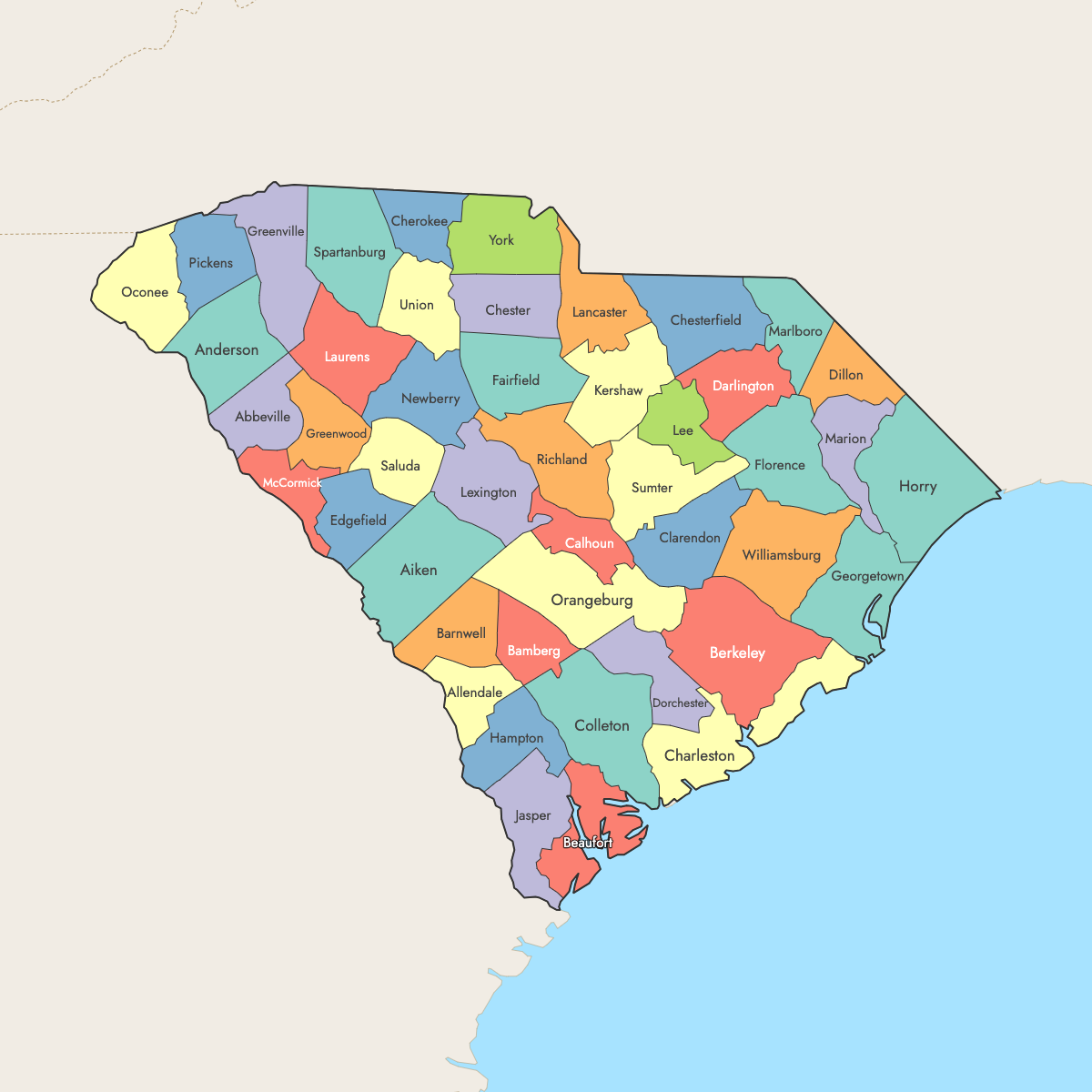 Custom Map of South Carolina Counties with Surrounding Areas