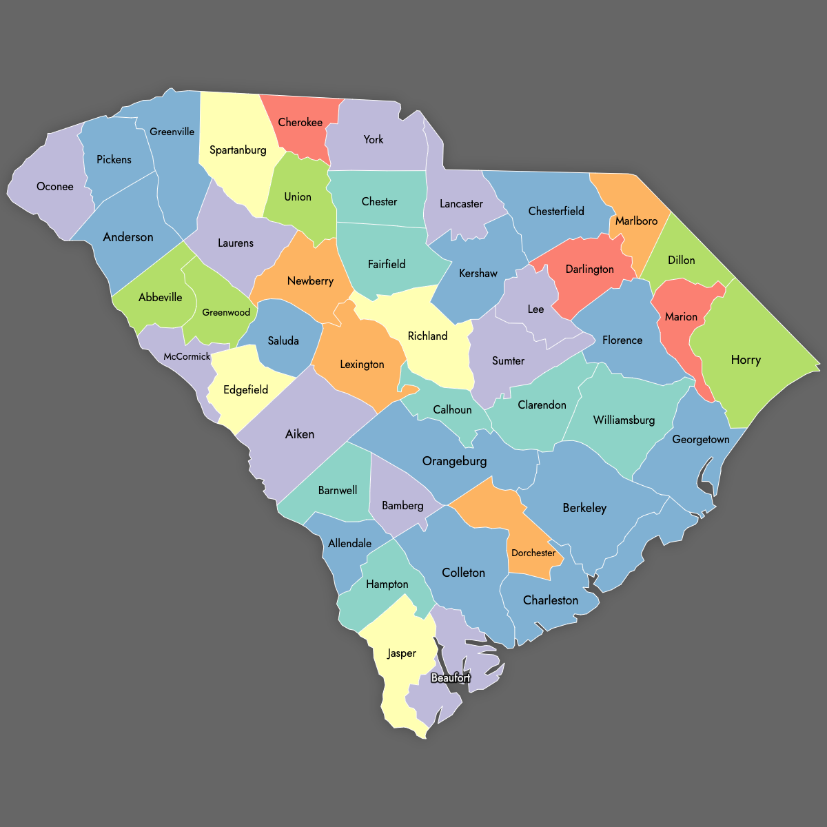 Custom Map of South Carolina Counties With Labels