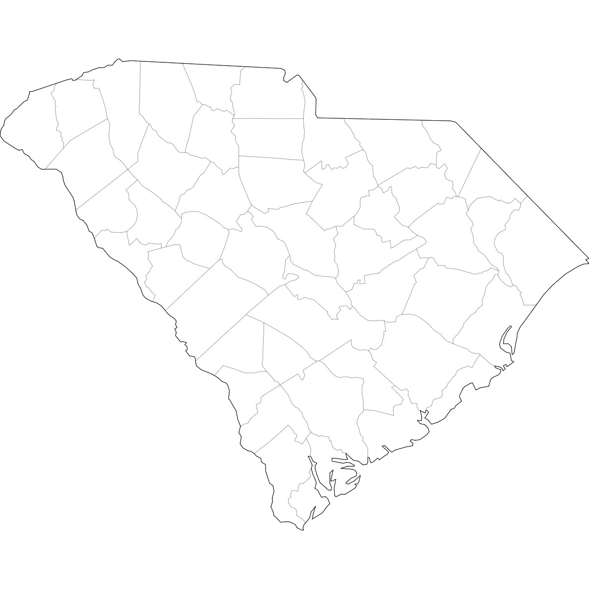 Blank outline map of South Carolina showing county borders