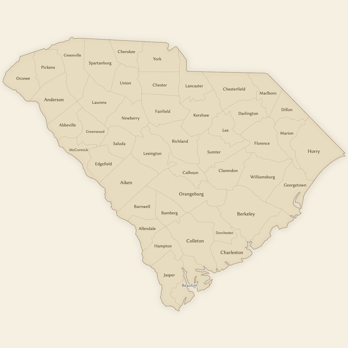 Styled Map of South Carolina Counties (Vintage Theme)