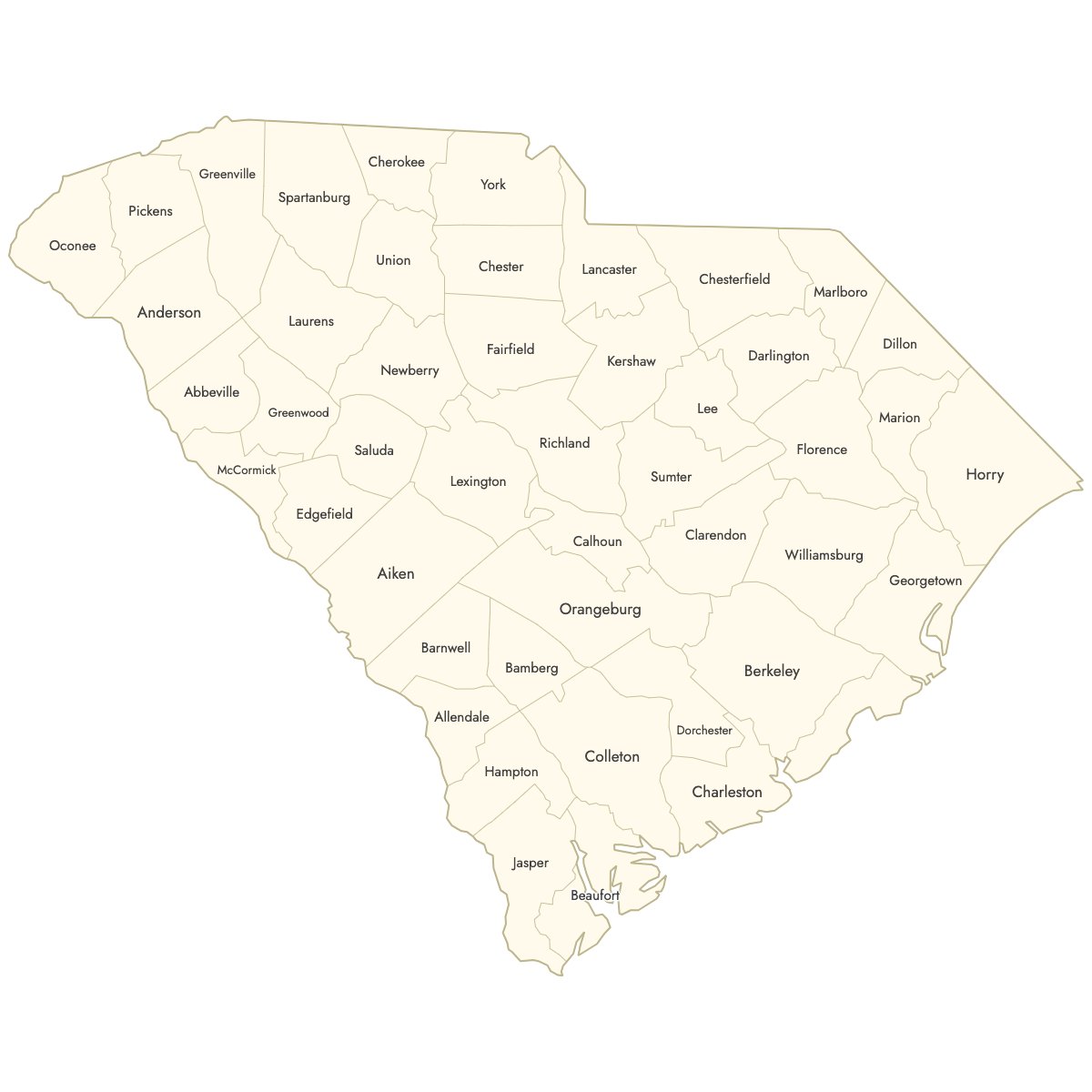 Unstyled Map of South Carolina Counties With Labels