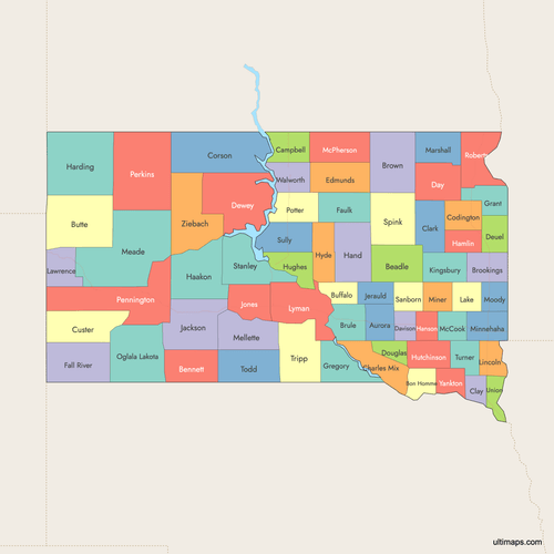 Preview of Colored Map of South Dakota Counties with Surrounding Areas