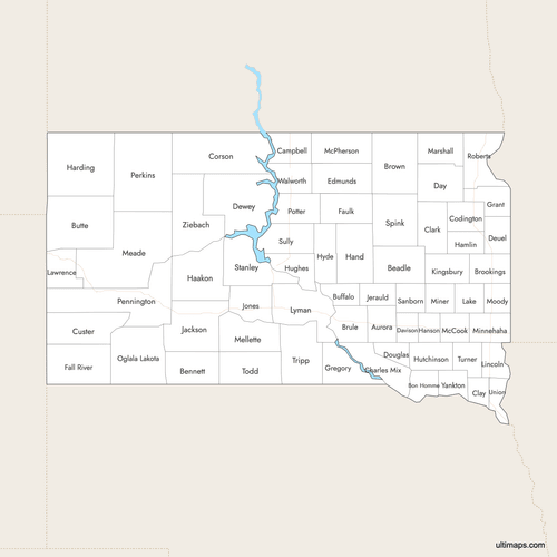 Preview of Labeled Map of South Dakota Counties with Surrounding Areas
