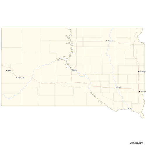Preview of Map of South Dakota Counties with Cities