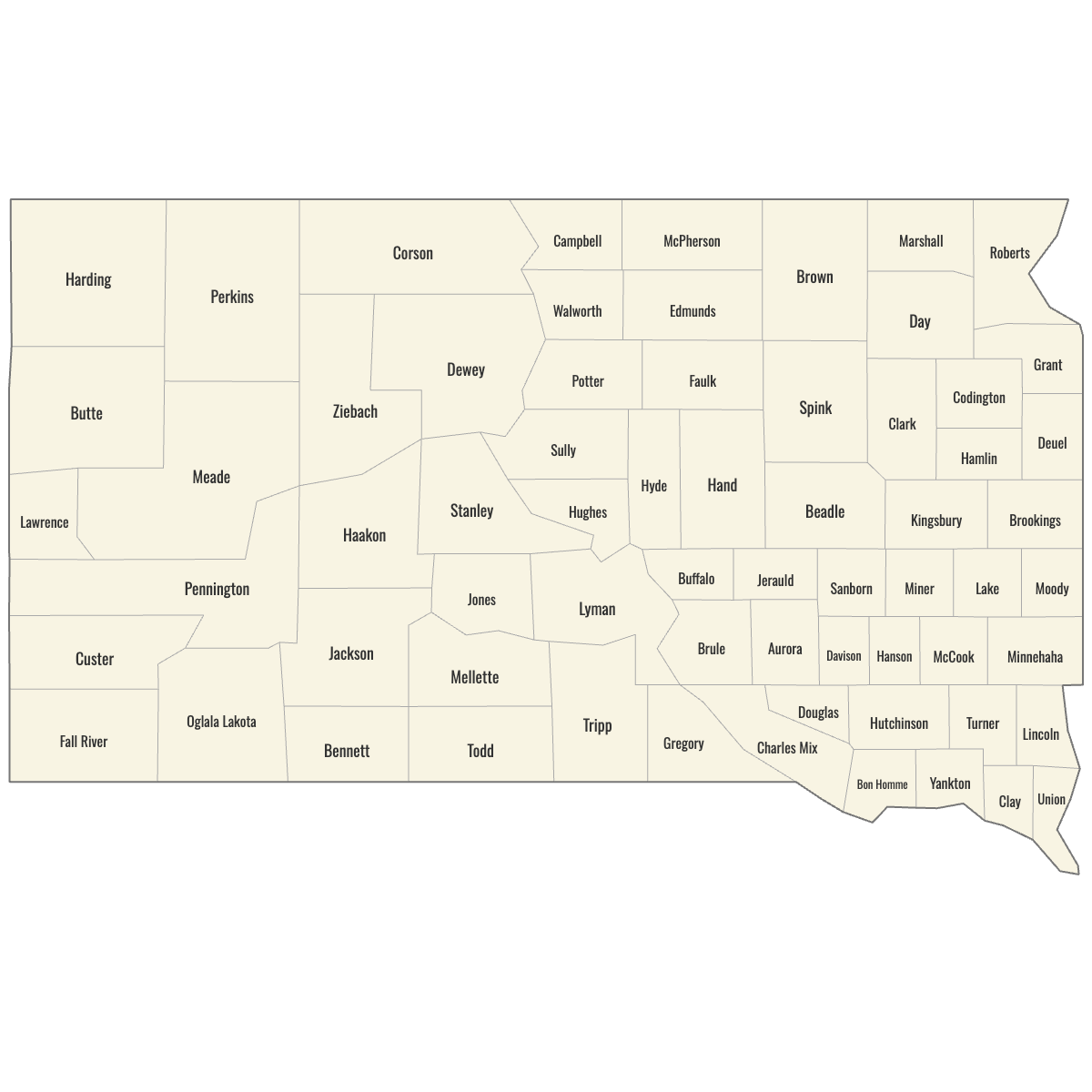 Blank Map of South Dakota Counties with Labels