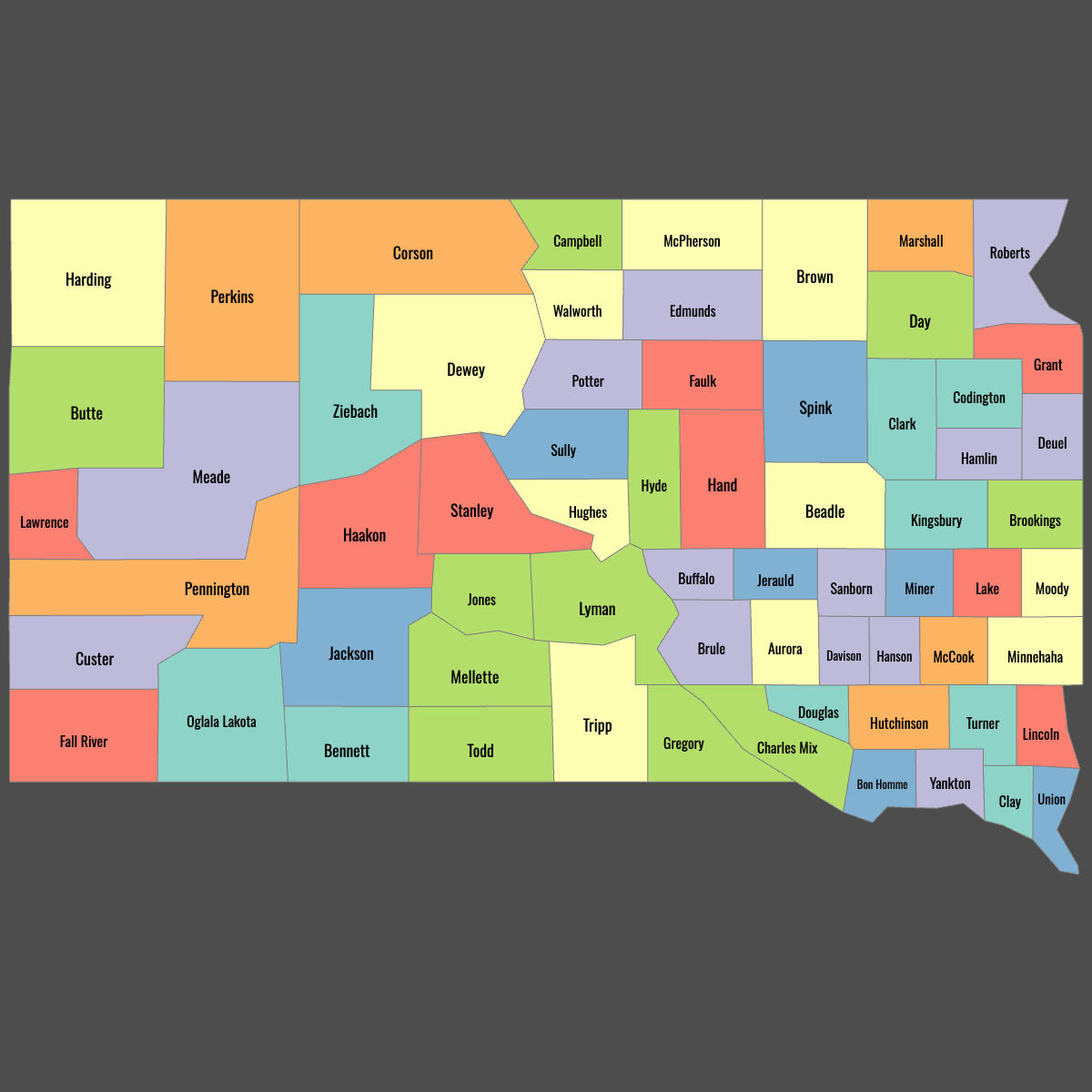 Colored Map of South Dakota Counties with Labels (Dark Theme)