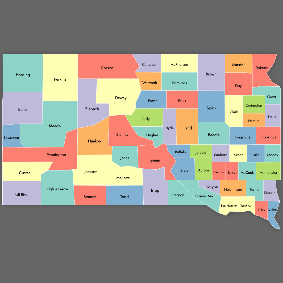 Custom Map of South Dakota Counties with Labels (Dark Theme)