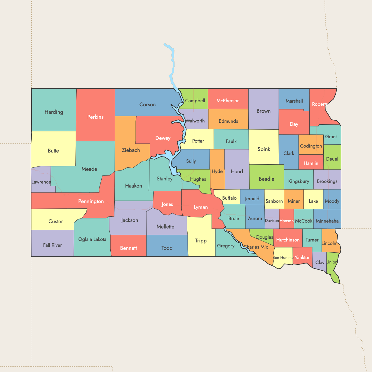 Custom Map of South Dakota Counties with Surrounding Areas