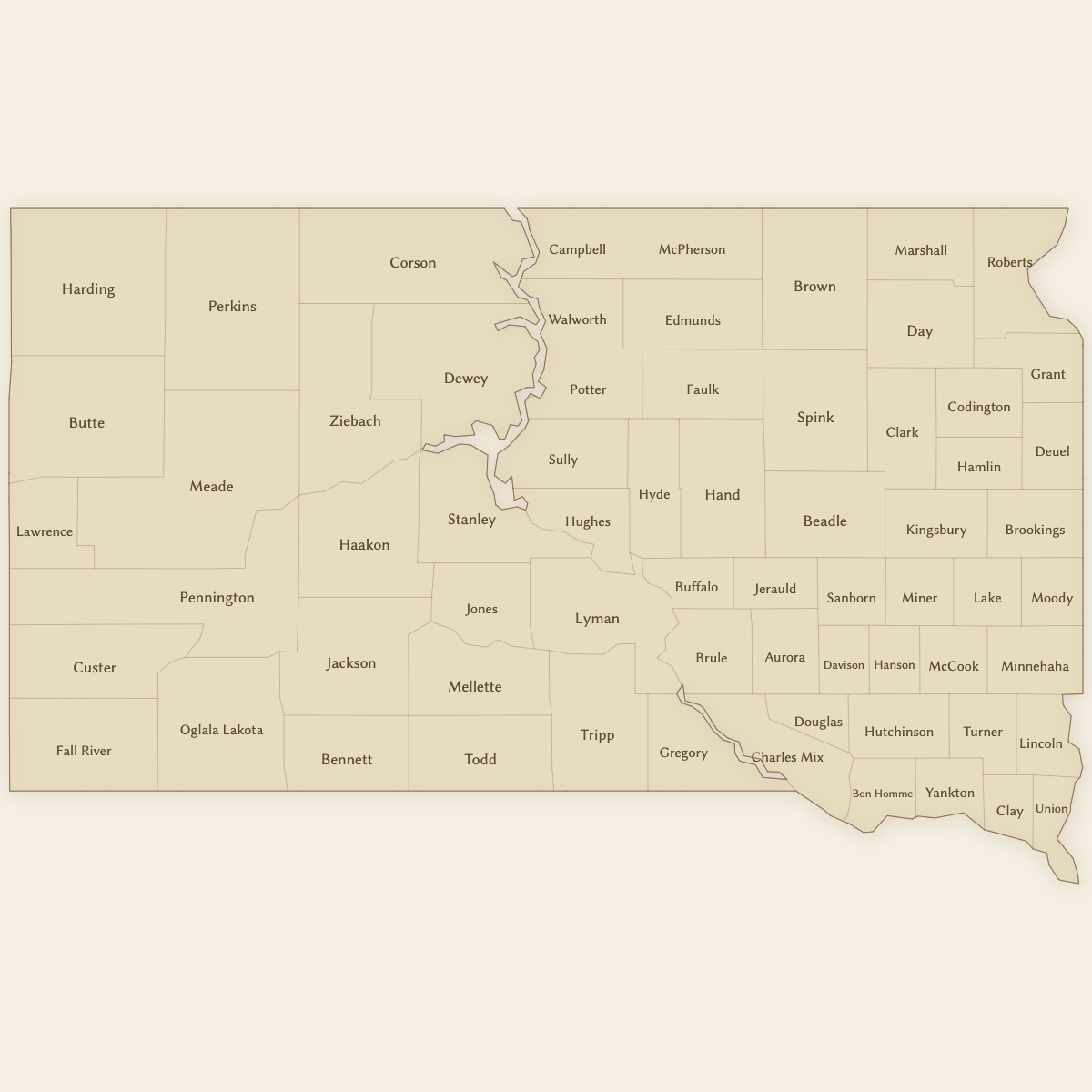 Styled Map of South Dakota Counties (Vintage Theme)